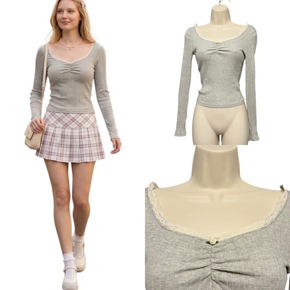 RSQ Tops - Women Long Sleeve Top Size M Heather Gray Coquette Twee Soft Girl Ruched Rosette